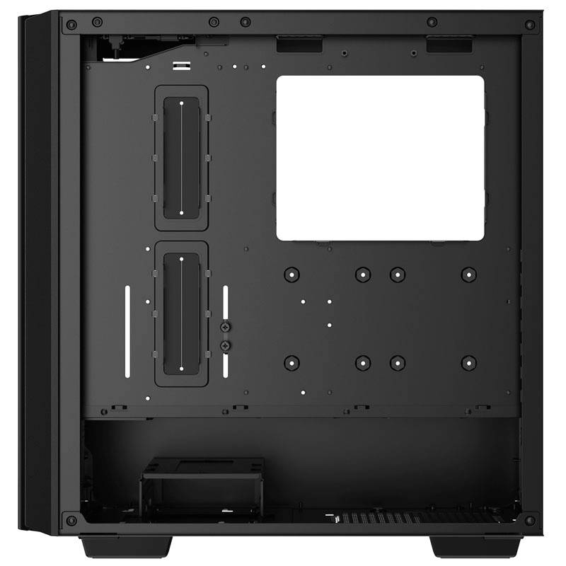 Black computer case, interior view. Mounting points and cable management openings are visible. No components installed.