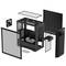 Exploded view of a PC case with visible components: frame, fans, front and side covers, dust filters.