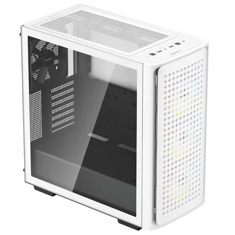 A white PC case with a glass side panel and ventilated front fascia, suitable for gaming or high-performance computer builds.