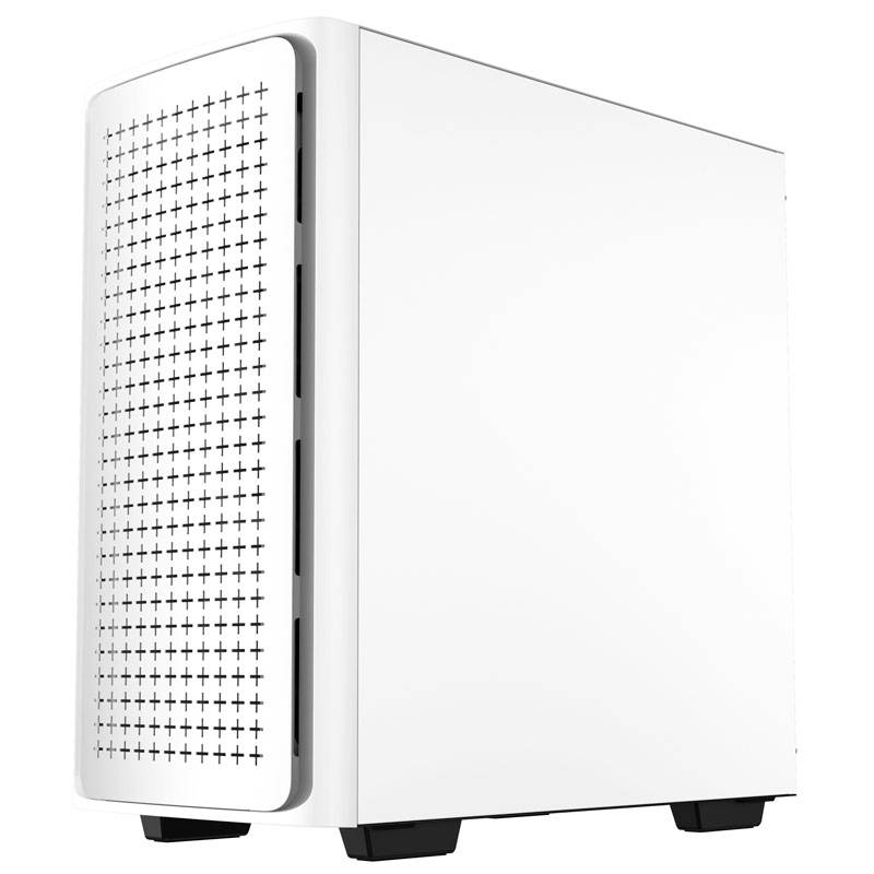 White computer case with perforated front panel. Minimalist design, standing on small black feet.