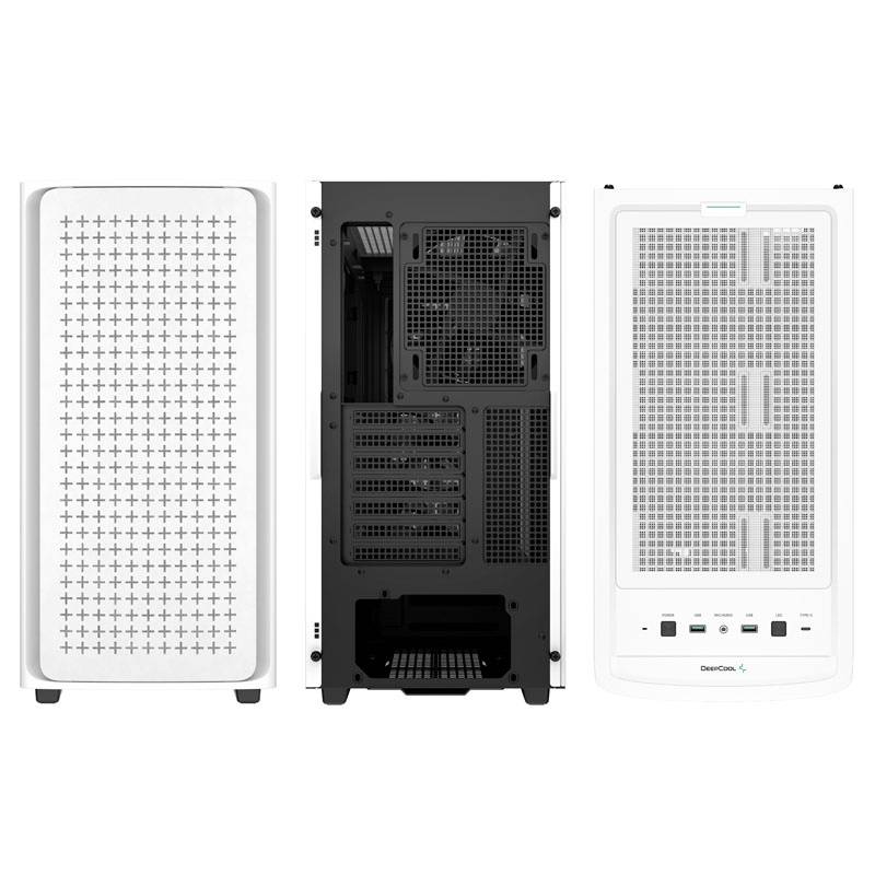 PC case from three perspectives: front with grille, rear with open ports, and side panel with ventilation slots.