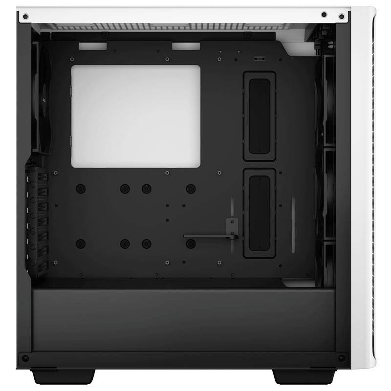 Empty white computer case with black interior shows space for components and cable management. Open for installation.
