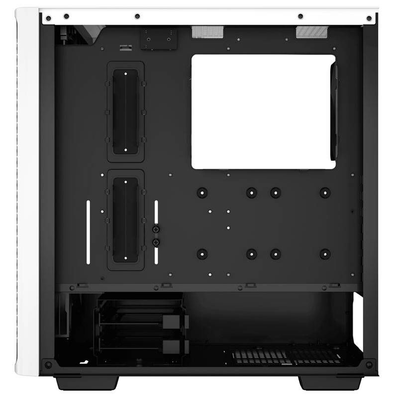 Black computer case with an open side panel, revealing internal mounting brackets and space for components such as hard drives and motherboard.