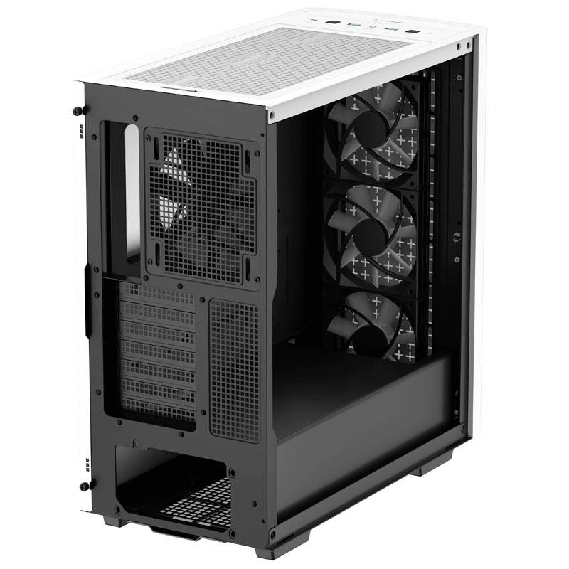 An open computer case with a white frame displays three fans at the front and a large opening at the back.