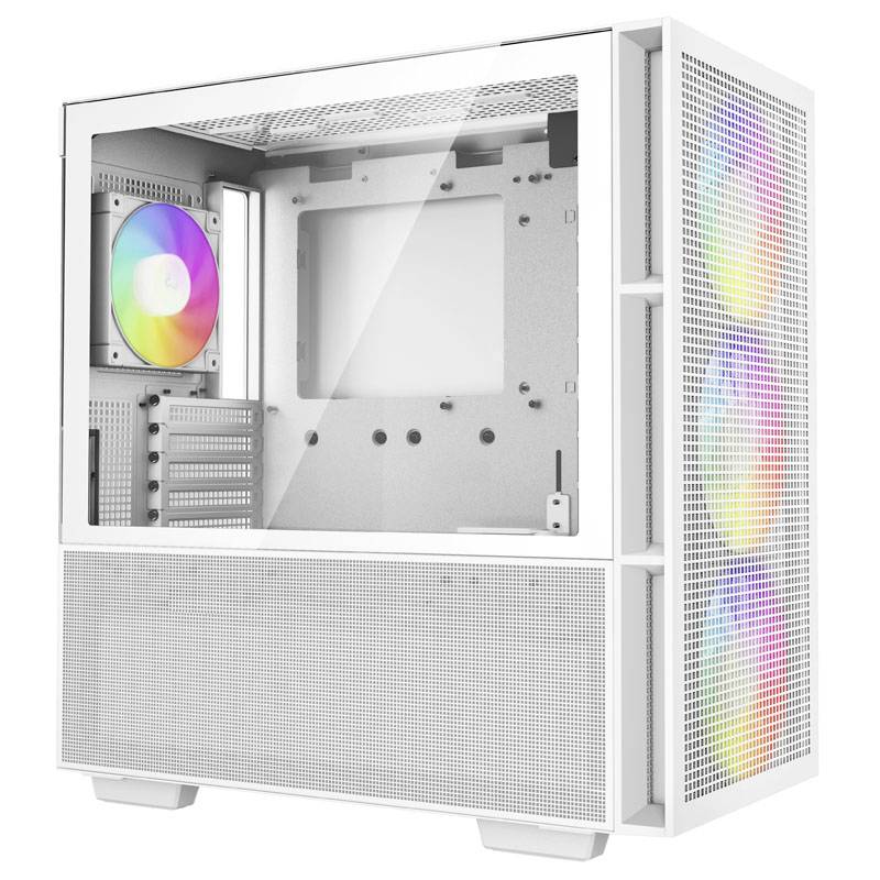 A white PC case with a transparent side panel and illuminated LED fans.
