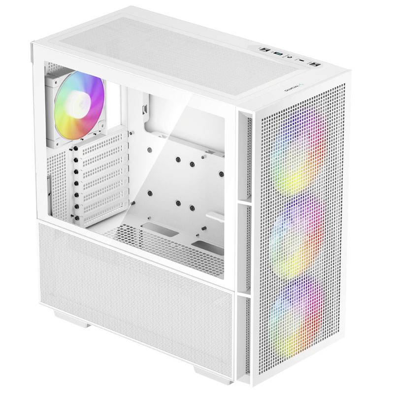 A white computer case with a transparent side panel and built-in, illuminated RGB fans at the front and rear.