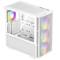 A white computer case with a transparent side panel and built-in, illuminated RGB fans at the front and rear.