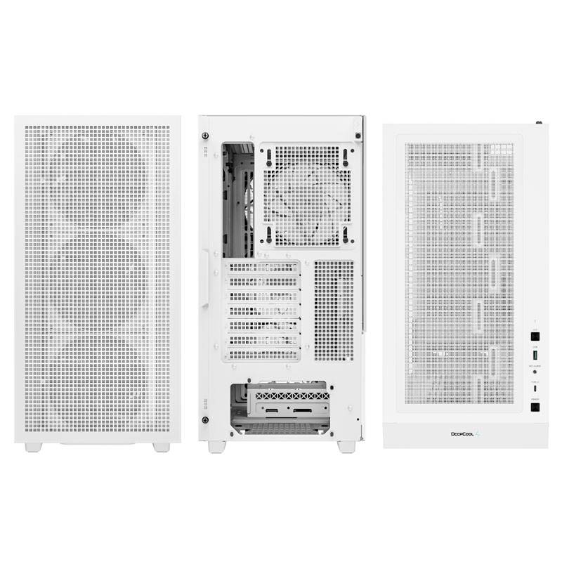 Three white computer cases with mesh design, side and rear views showing fans and vents.