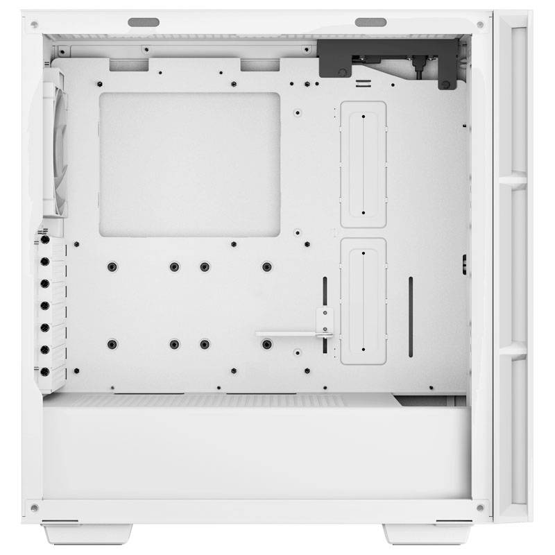 A blank white computer case frame with multiple mounting points and cable routing channels for housing computer components.