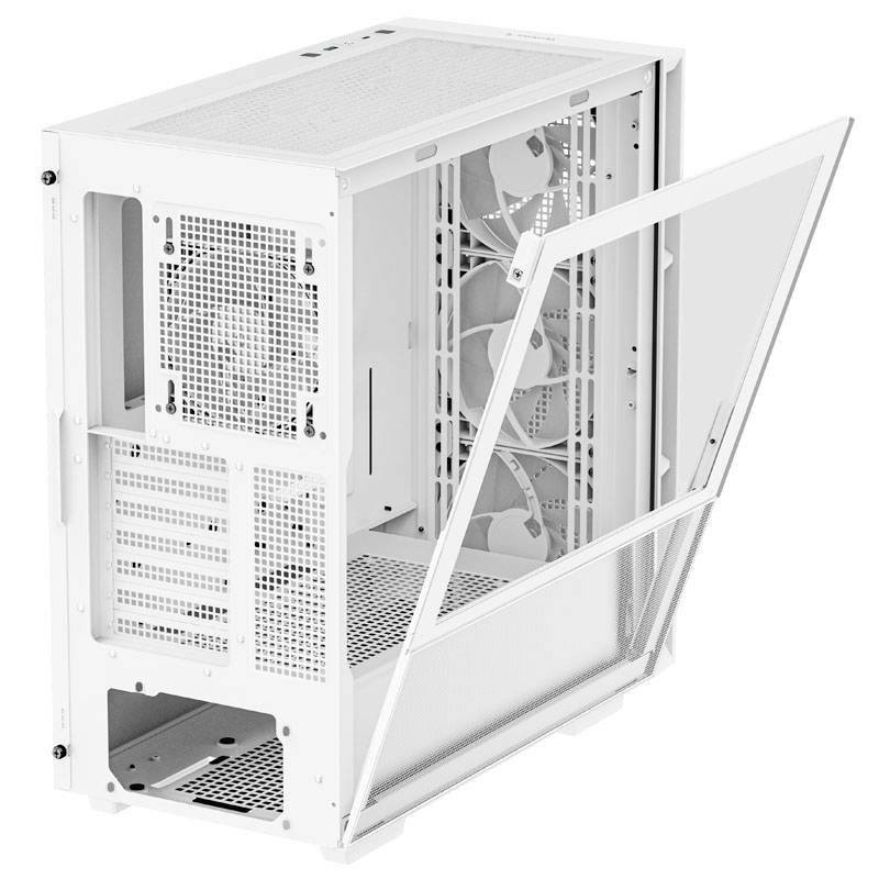 White, open computer case with transparent side panel and built-in fans, suitable for PC build projects.