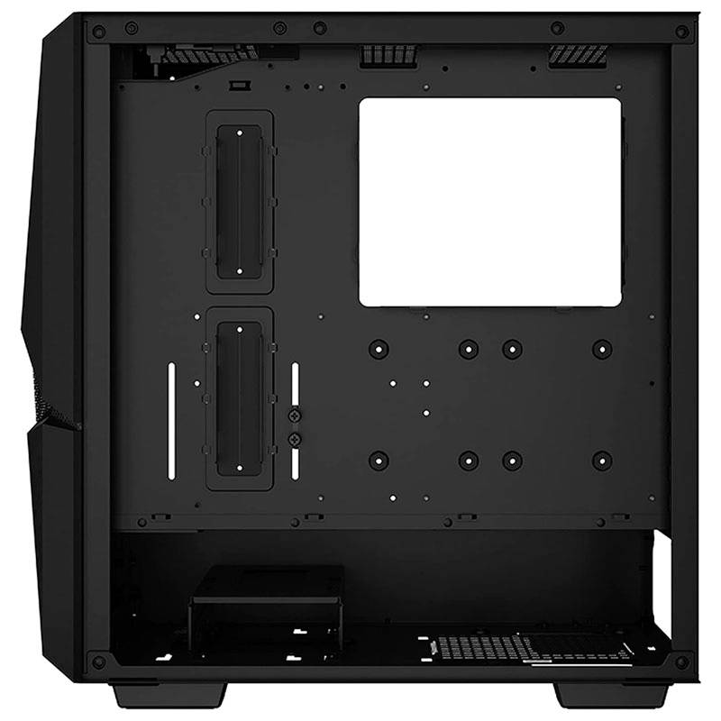 Black computer case, empty, with open sides, revealing internal mounting brackets and attachment points for hardware components.