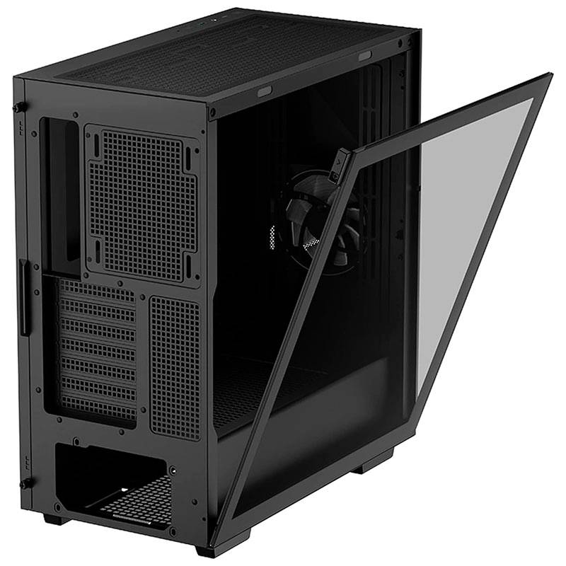 A black computer case with a transparent side panel stands open, revealing its internal structure and an installed fan.