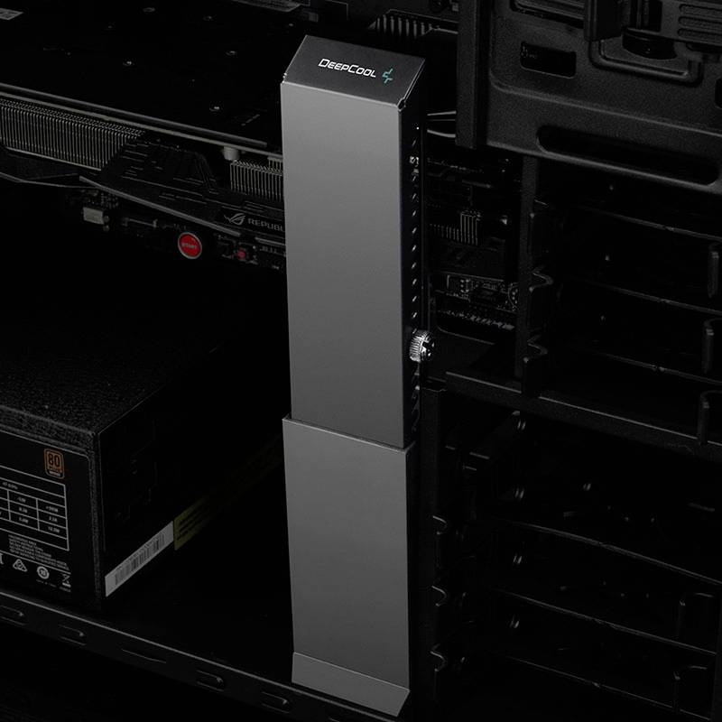 A server chassis with a vertical, silver cooling unit by 'Deepcool', mounted between the components.