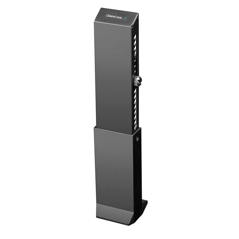 Black, rectangular computer tower cooler with vertical design and ventilation slots on the front, suitable for effective cooling.