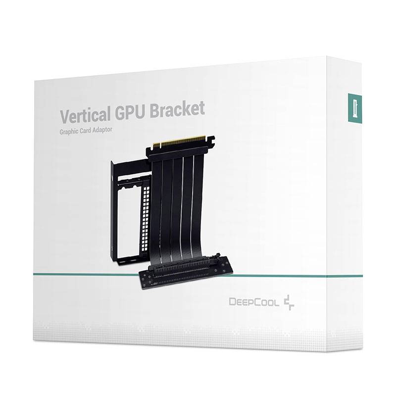 'DeepCool Vertical GPU Bracket' packaging with illustrations of the GPU holder and accessories.
