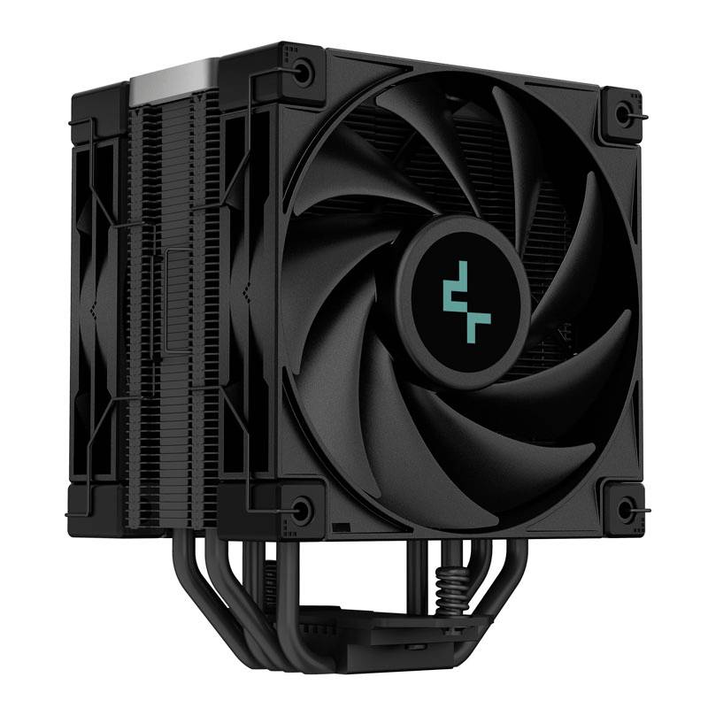 Radiator with large fan and cooling fins, suitable for cooling computer processors, in a stylish black design.