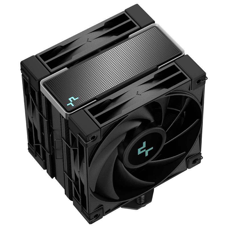 A black computer processor cooler with two large fans and metal fins ensures efficient heat dissipation.
