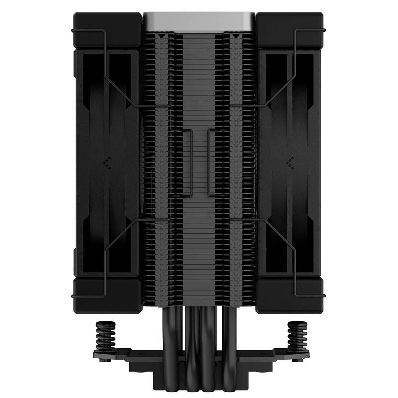 Double tower cooler with black heatsink and visible cooling fins, suitable for use in computer cases for heat dissipation.
