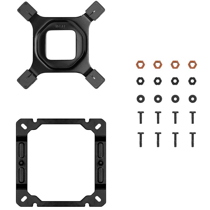 Mounting kit for PC cooler with brackets, screws, and nuts, mounted on a white background.