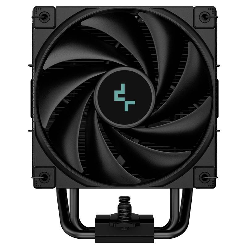 Black CPU cooler with fan, vertically mounted. Simple, modern design for effective cooling of computer processors.