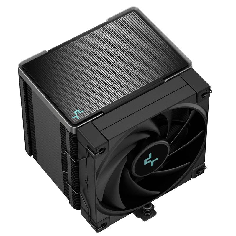 A black computer fan with a large heatsink, logo in the top corner; specifically designed for PC cooling systems.