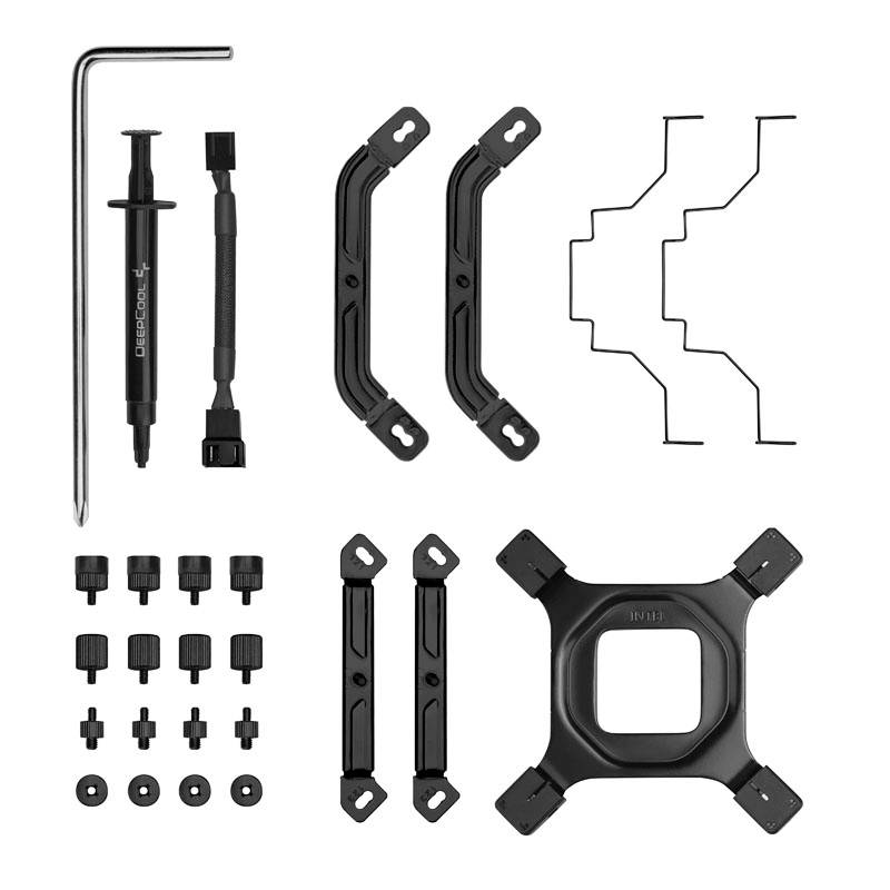 Radiator mounting kit with thermal paste, screwdriver, mounting brackets, screws, and clips.