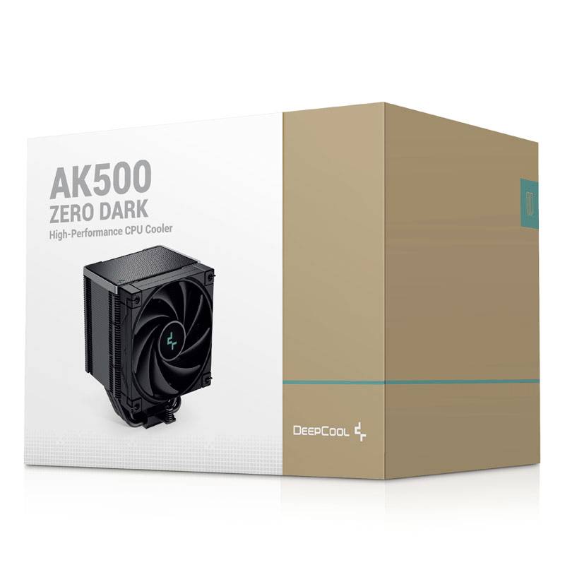 The image shows the packaging of a 'DeepCool AK500 Zero Dark' CPU cooler. The product is visible on the left-hand side.
