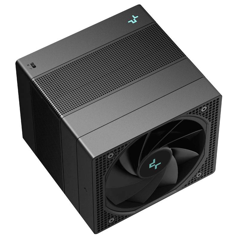 'Black computer fan in a cubic enclosure, with company logo in the corner. Fan blades visible. Modern, minimalist design.'