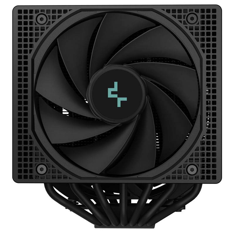 Black computer fan with spiral-shaped blades, mounted on a heatsink with multiple heatpipes, logo in the centre.