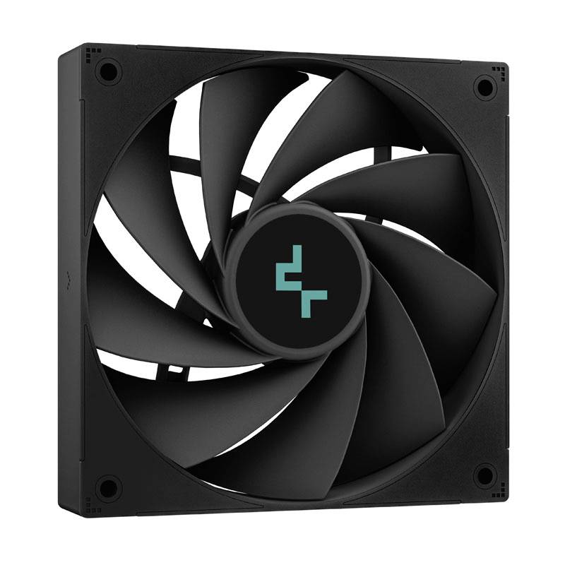 Black computer fan with nine blades, marked with a turquoise symbol in the centre, mounted in a square frame.
