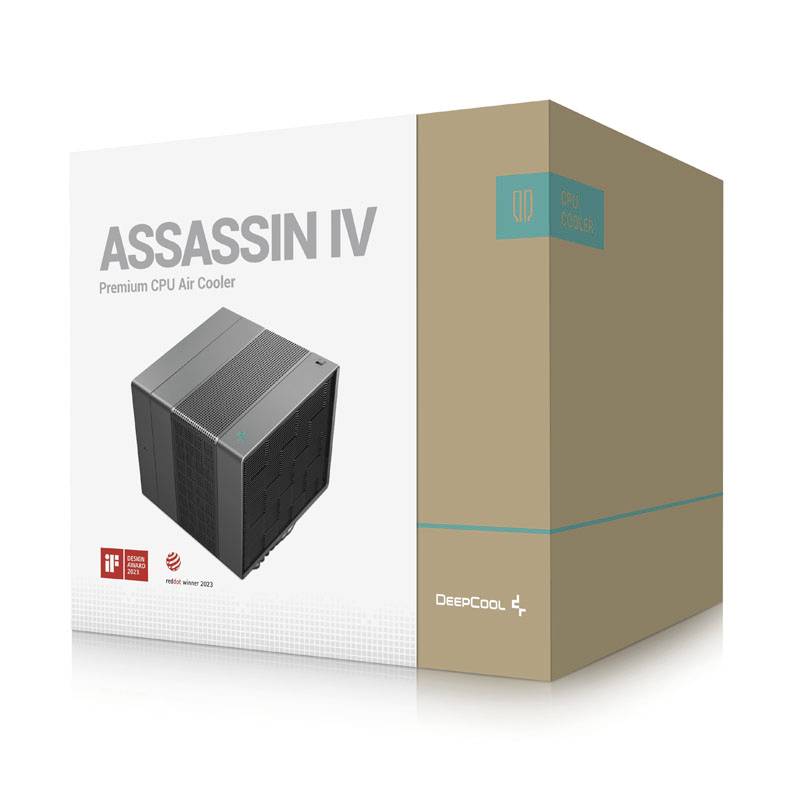 Packaging for a CPU air cooler named 'ASSASSIN IV' by DeepCool, featuring an image of the cooler and notes about awards.