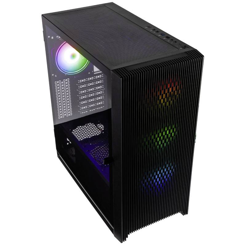 Black computer case with transparent side panel and multiple RGB fans.