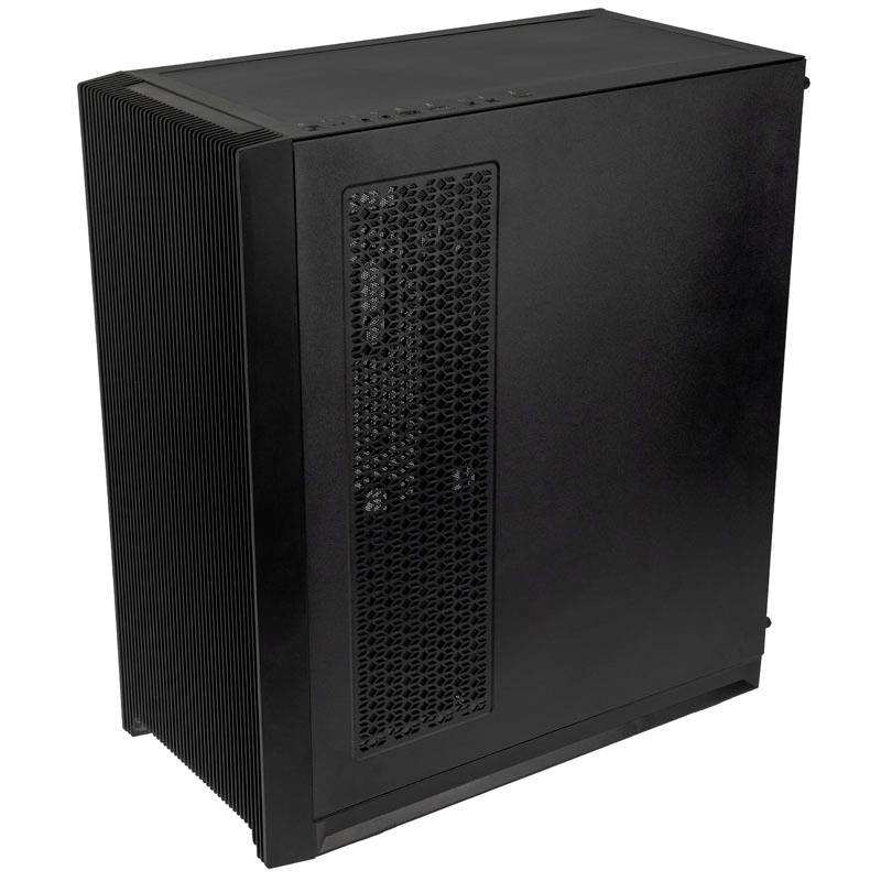Black computer case with mesh panel on the side for ventilation.