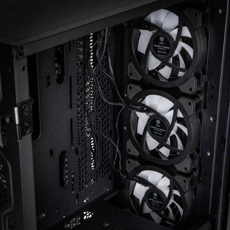 'Computer case with three vertically mounted fans and multiple cables'