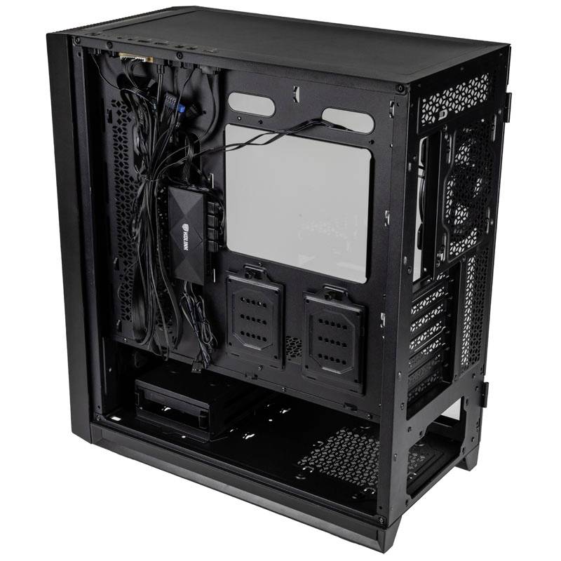 Black PC case in side view, showing internal cables, fans, and hard drive bays. On the left, the side panel is open.