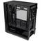 Black PC case in side view, showing internal cables, fans, and hard drive bays. On the left, the side panel is open.