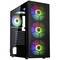 Black PC case with transparent side window, three front and one rear RGB-illuminated fans.