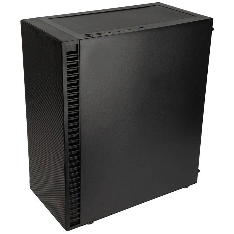 A black computer case with ventilation slots on the side and connections on top, suitable for building a desktop PC.