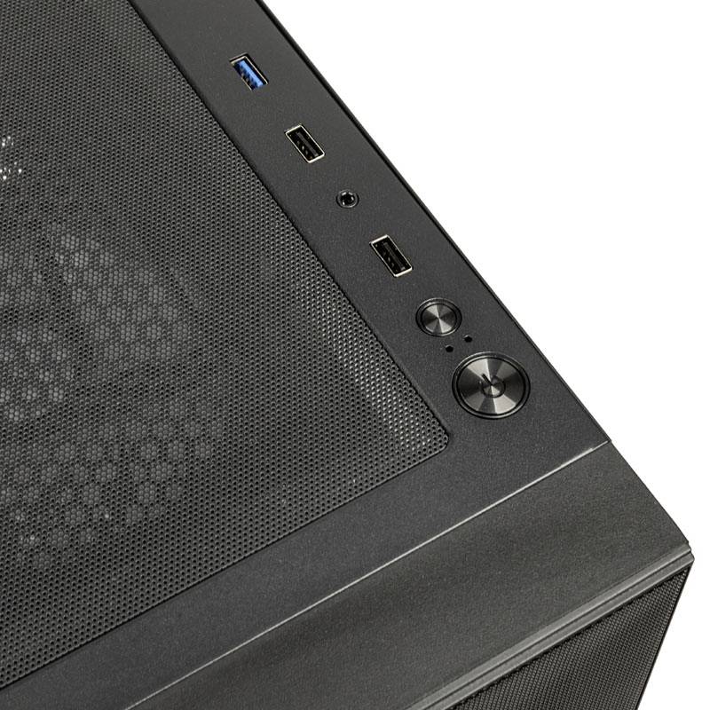 Black computer case top with ventilation grille, one USB 3.0 port, two USB 2.0 ports, and two buttons.
