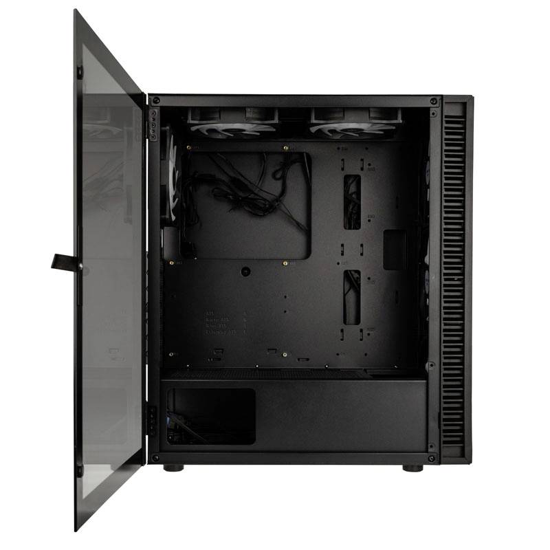 Computer case with an open side panel, revealing its empty interior. Fan mounted at the top, cables routed inside. Perfect for computer building.
