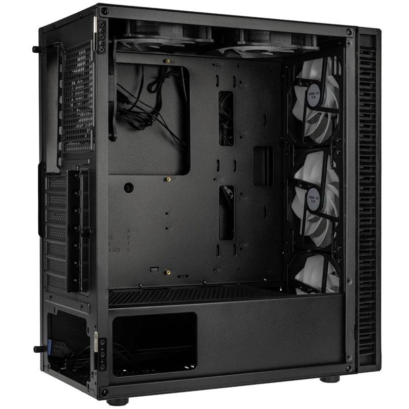 A vacant black computer tower case, open on the side with visible fans, provides space for hardware expansions.