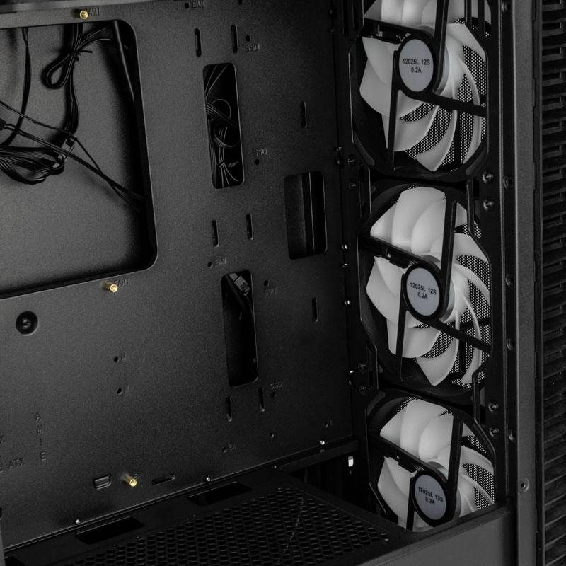 An open computer case with three visible fans, cable management, and mounting brackets inside, ready for hardware installation.