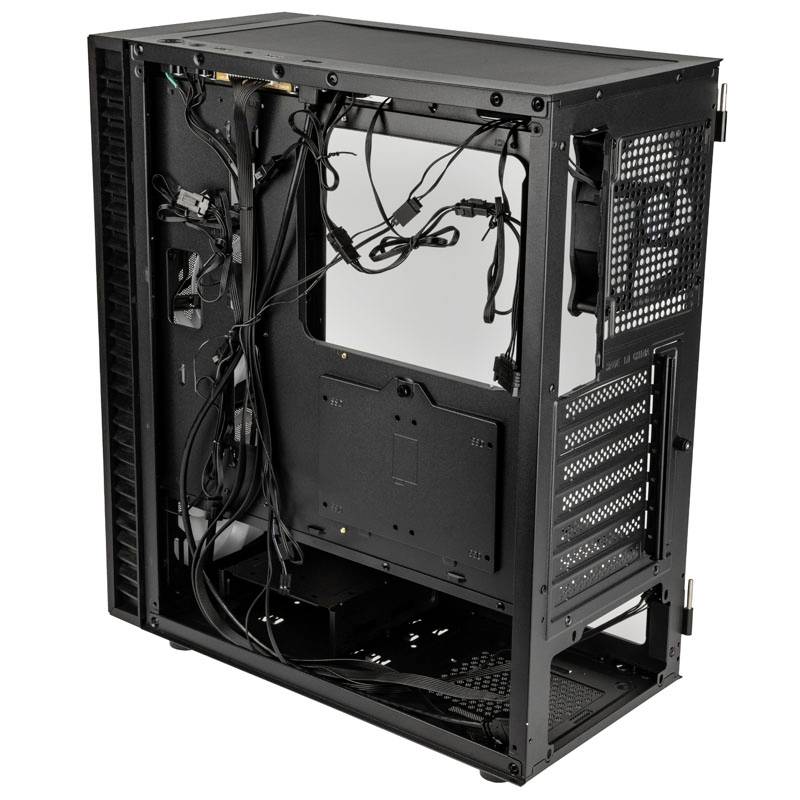 An open computer case reveals the interior without installed components. Visible cables are loosely distributed within the enclosure.