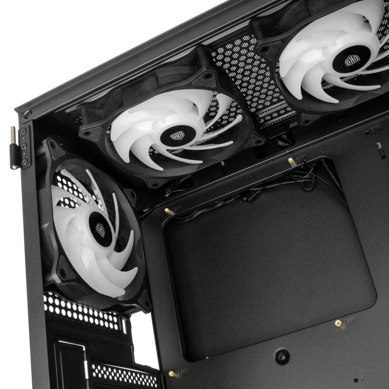 Computer case with built-in cooling fans, black case, three large white fans visible, side view.