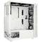 White PC case with an open internal compartment, fitted with multiple fans at the front and rear for enhanced cooling.