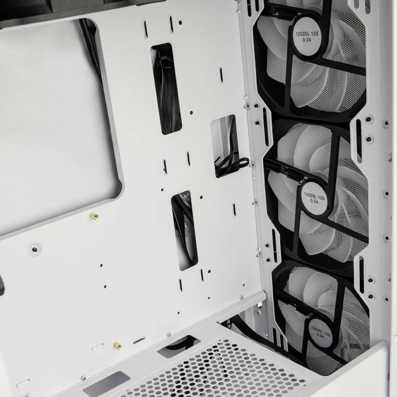 An open computer case with an installed fan for cooling. The interior view shows mounting options and cable routing.