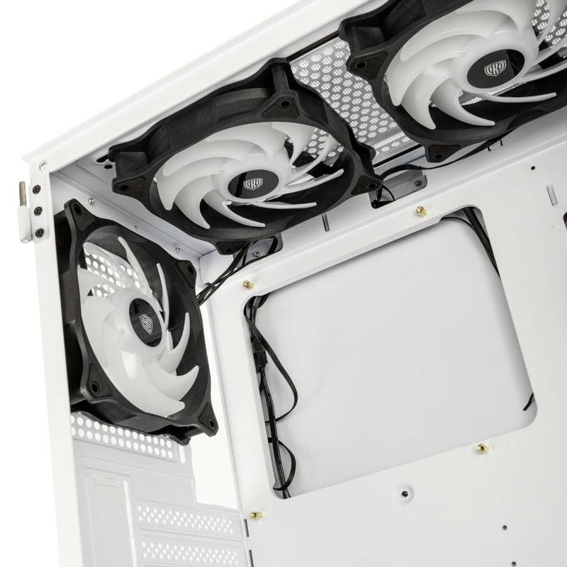 A white computer case with four built-in fans designed for system cooling. Cables are neatly routed.