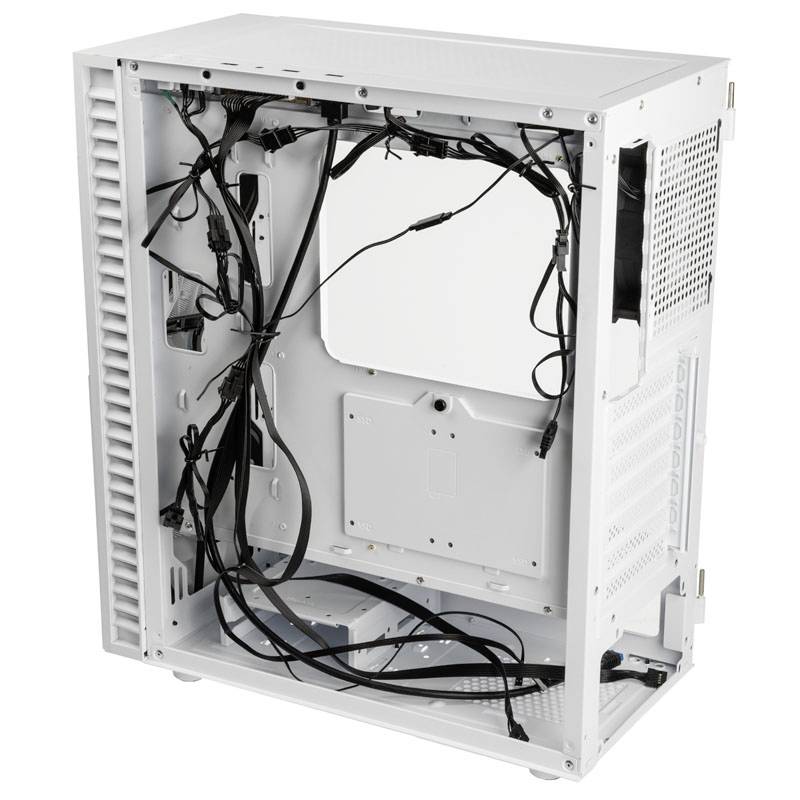 A white computer chassis with an open interior demonstrates cable management without installed hardware. It provides space for component mounting.
