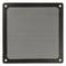 Black, square air filter grid with fine, uniform holes, used for ventilation in electronic devices or computers.