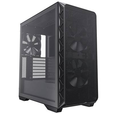 A black computer case with a side window and three front fans, suitable for high-performance hardware and cooling systems.